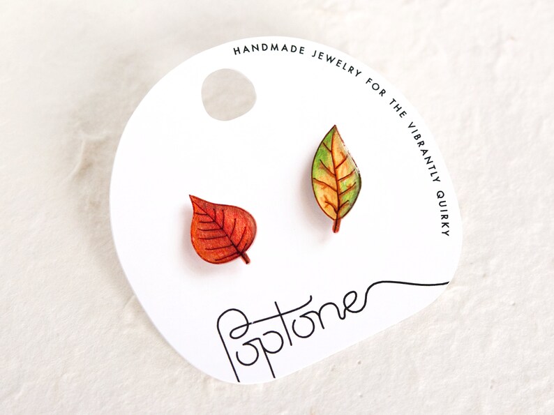 Autumn Leaf Stud Earrings / Red and Green Asymmetrical Fall Leaves image 1