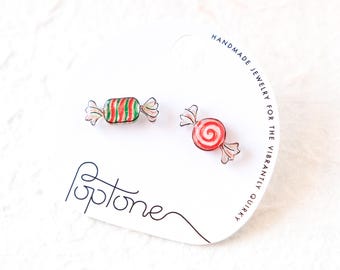 Handmade Mismatched Christmas Candy Stud Earrings – Vintage Peppermint & Striped Candy Jewelry, Cute Holiday Studs