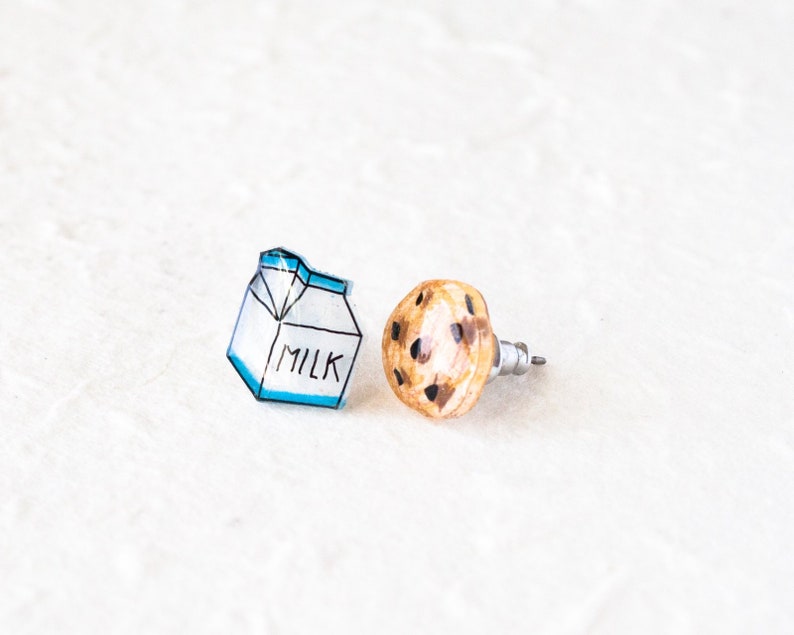 Milk and Cookies Stud Earrings, kawaii food earrings, milk and cookie jewelry, cute earrings image 2