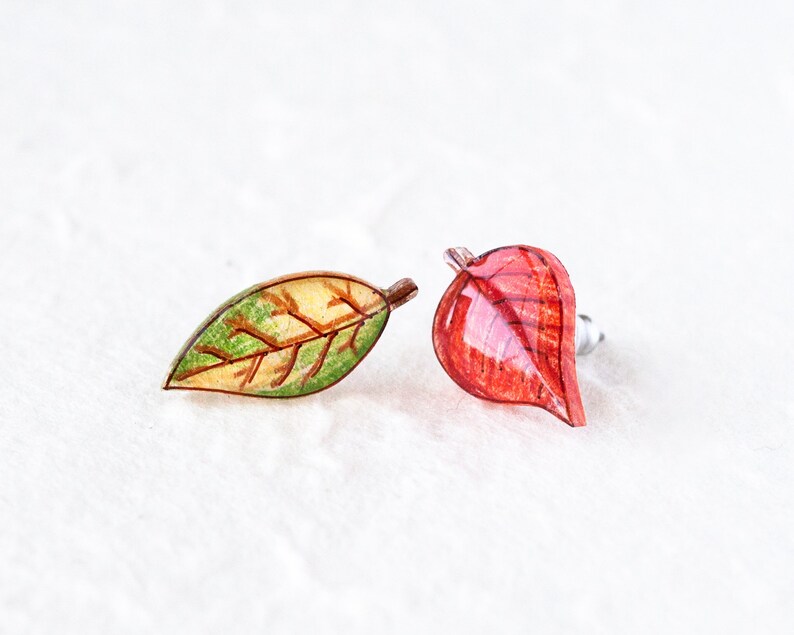 Autumn Leaf Stud Earrings / Red and Green Asymmetrical Fall Leaves image 2