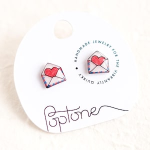 Pendientes con letras de amor, bonitos pendientes de San Valentín, regalo de San Valentín para ella, pendientes con forma de sobre, sobres con forma de corazón, pendientes con correo aéreo
