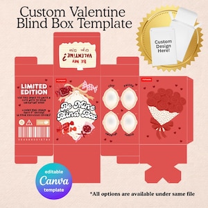 May include: A red Valentine's Day blind box template with text that reads "Custom Valentine Blind Box Template". The design includes a bouquet of roses, heart accents, and space for customization. The template is editable in Canva.