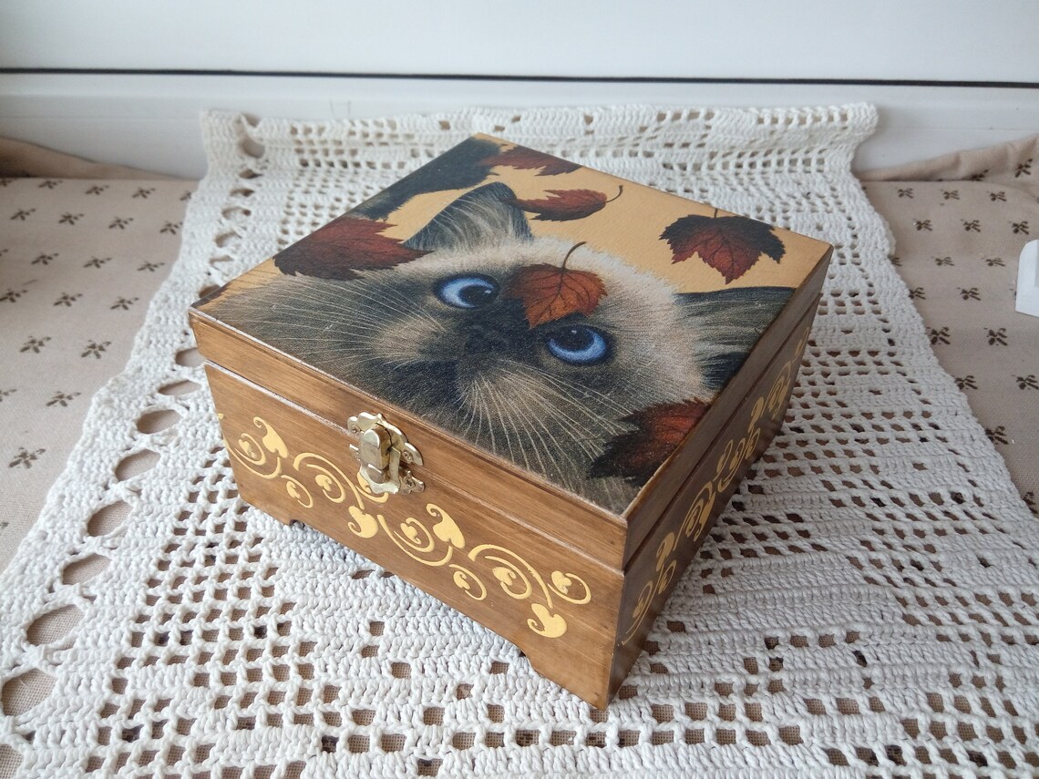 Storage Wooden Box With Cat Etsy