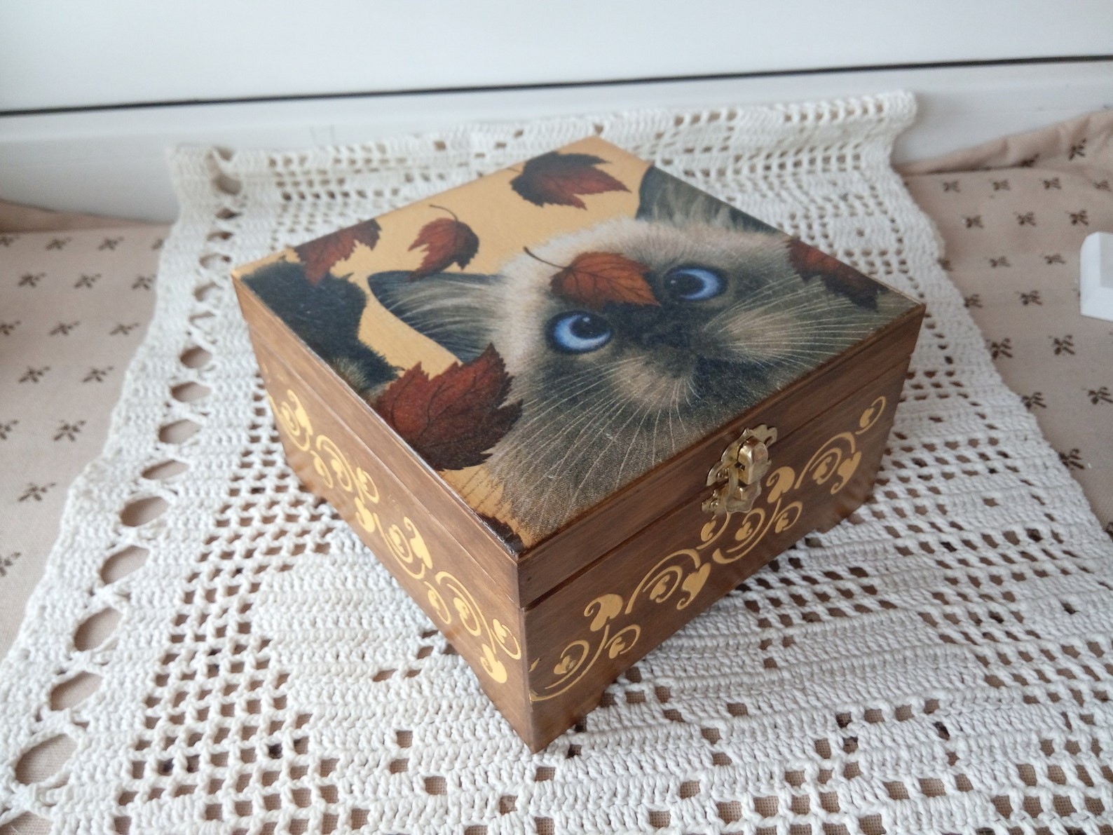 Storage Wooden Box With Cat Etsy