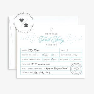 Tooth Fairy Receipt • Tooth Fairy Letter • Lost Tooth Receipt • Lost Tooth Certificate • Kids Stationery • Kids Note Cards with Envelopes •