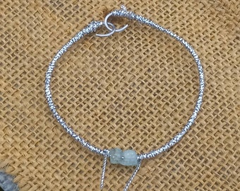 Handgjort akvamarinarmband, stålarmband, armband med metallsnöre