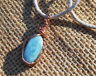 Ovale Larimar Kristall Kette, Larimar Anhänger, Larimar Anhänger mit Draht gewickelt, Edelstein Halskette