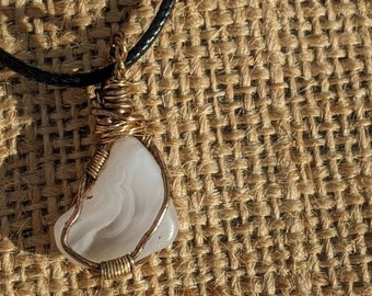 Handcrafted White Agate Crystal Necklace, Hand Twisted Copper Brass Wire Wrapped Pendant, Faux Leather Cord Necklace