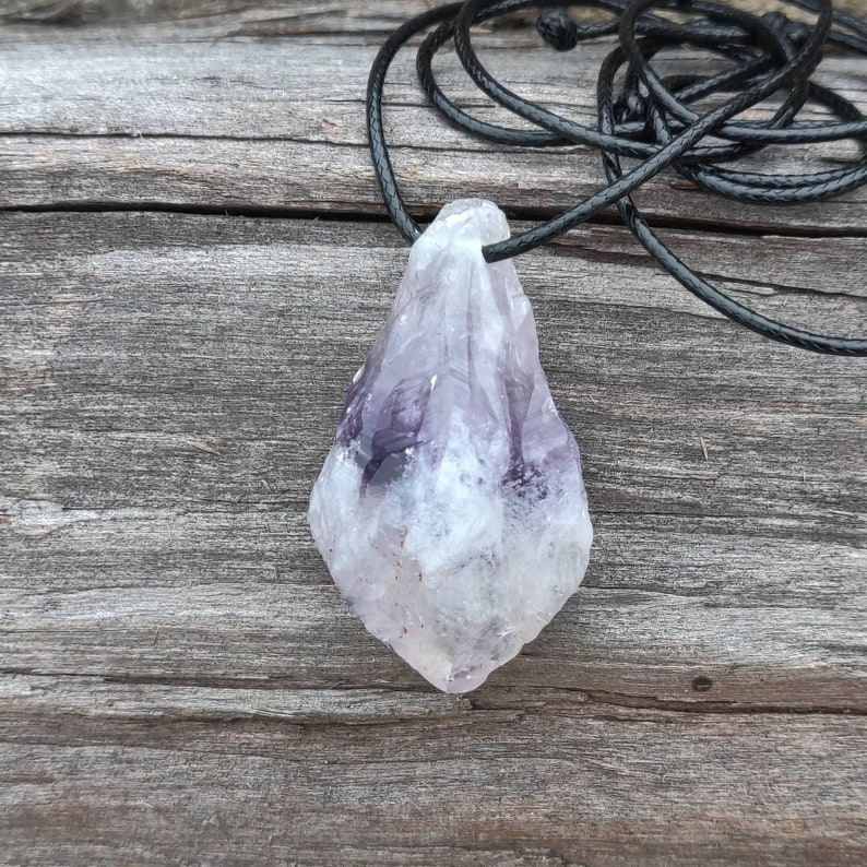 Handmade Adjustable Black Faux Leather Amethyst Point Necklace Unisex Genuine Phantom Amethyst Necklace