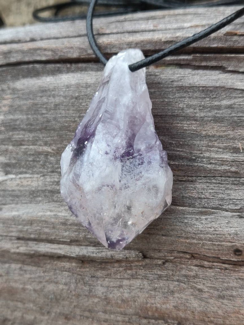 Handmade Adjustable Black Faux Leather Amethyst Point Necklace Unisex Genuine Phantom Amethyst Necklace