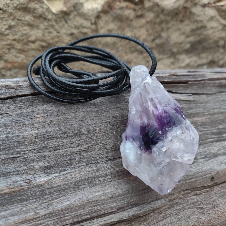 Handmade Adjustable Black Faux Leather Amethyst Point Necklace Unisex Genuine Phantom Amethyst Necklace
