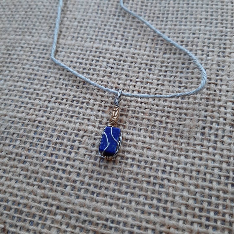 Handcrafted Lapis Lazuli Necklace Solid Steel Wire Wrapped Pendant Dark Blue Lapis Gemstone Necklace