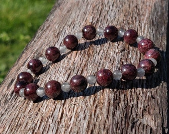 Semiprecious Red Garnet Black Tourmaline Elastic Bracelet, Red Crystal Bracelet, Garnet Crystal Bracelet