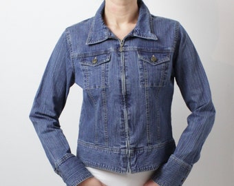 Vintage Denim Jacket 90's Jean Jacket Women's Blue Denim Jacket Zip Up Denim Jacket Collared Medium Size