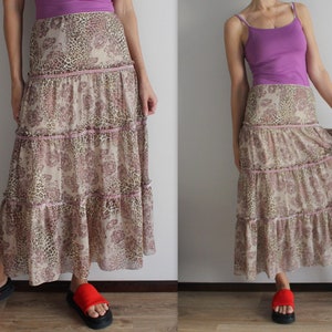 Frilled rok Dames lange rok Vintage Y2K gegolfde rok Beige bruine luipaardprint rok Bloemenprint rok Mesh rok S/M maat
