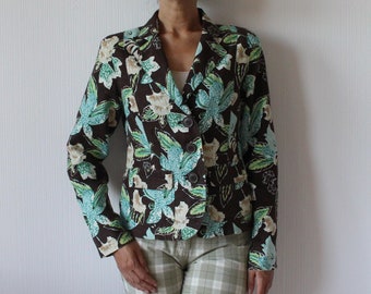 Women's Linen Blazer Floral Print Jacket Colorfull Brown Blue Green Summer Blazer Padded Shoulder Medium Size