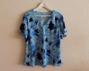 Vintage Blouse Womens Blouse Blue Women Top Floral Print Summer Top Short Sleeves Lined Blouse Large Size