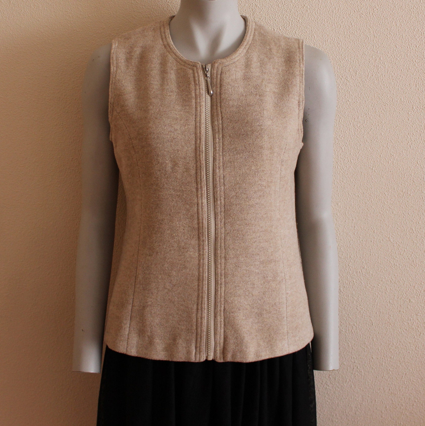 Beige Wool Vest Women's Beige Vest Wool Blend Waistcoat Beige Waistcoat Sleeveless Jacket Zip Small/Medium Size