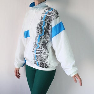 Vintage 90s Windbreaker Colorblock White Blue Black Jacket Bomber Jacket Tracksuit Workout Sports Hip Hop Oversized Zip Up Unisex Medium