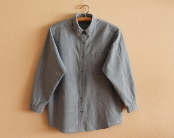 Blue Blouse Womens Blouse Blue Women Shirt Cotton Top Long Sleeves Cotton Shirt Button-Up Collared Embroidered Blouse Medium to Large Size