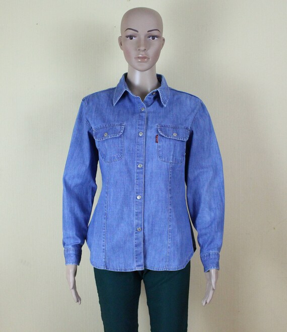 light blue denim button up shirt