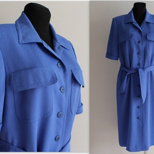 Vestido azul feminino vintage anos 80 vestido midi vestido com cinto vestido utilitário camisa acolchoada ombro tamanho médio