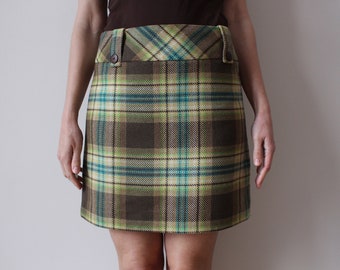 Plaid Skirt Women's Wool Blend Skirt Mini Skirt Checkered Green Brown Skirt Back to School Skirt