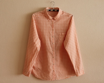 Women's Shirt Plaid Shirt Vintage Womens Shirt White Pink Plaid Shirt Cotton Womens Blouse Long Sleeve Shirt Large Size