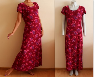 Vintage Tea Dress Burgundy Vine Red Pink Dress 90s Dress Long Dress Floral Print Dress Flower Print Dress Summer Dress Back Tie Large Size