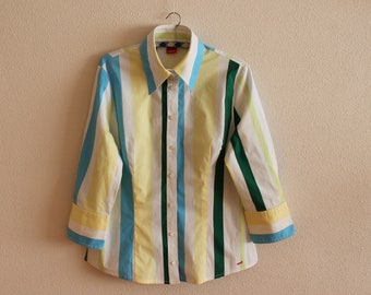 Women's Shirt Vintage Womens Shirt White Blue Green Yellow Striped Shirt Cotton Blend Womens Shirt 3/4 Sleeve Shirt Large Size