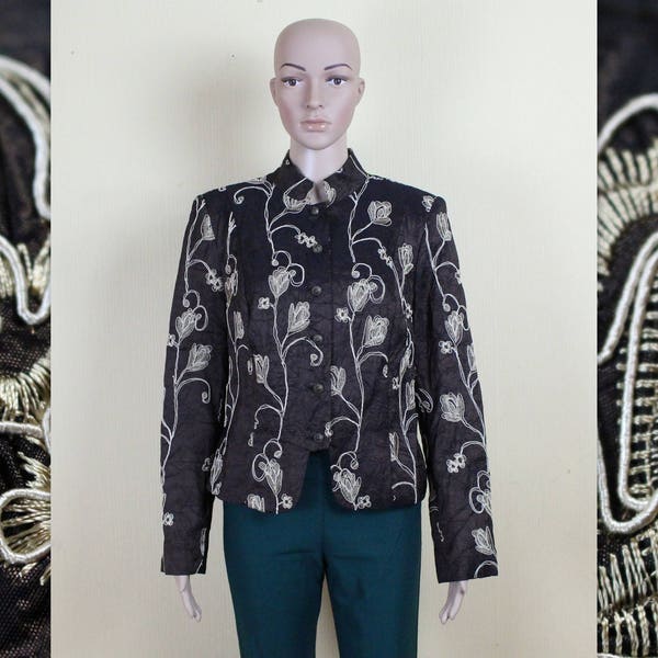 Vintage Taffeta Jacket Women's Bronze Brown Brocade Blazer Embroidered Flowers Military Style High Collar Button Up Padded Shoulder M/L Size