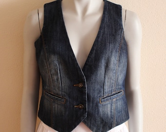 Women's Denim Vest Vintage Denim Vest Blue Denim Vest Fitted Jeans Vest Blue Denim Waistcoat Metal Buttons Women's Summer Vest Medium  Size