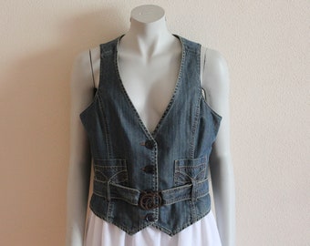 Women's Denim Vest Vintage Denim Vest Blue Denim Vest Fitted Jeans Vest Blue Denim Waistcoat Belted Women's Summer Vest Large Size