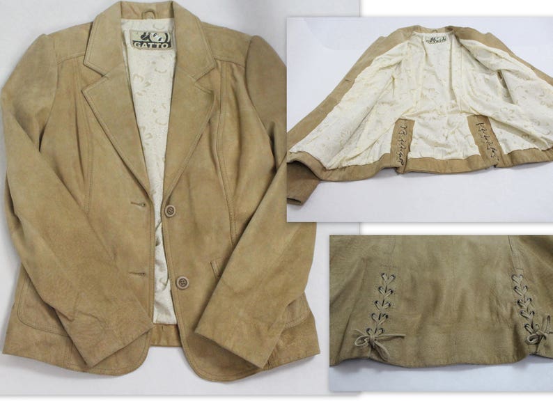 Beige Suede Leather Blazer with Golden Shine Vintage Suede Leather Jacket Women/'s Suede Leather Coat Fitted Hippie Boho Large Size