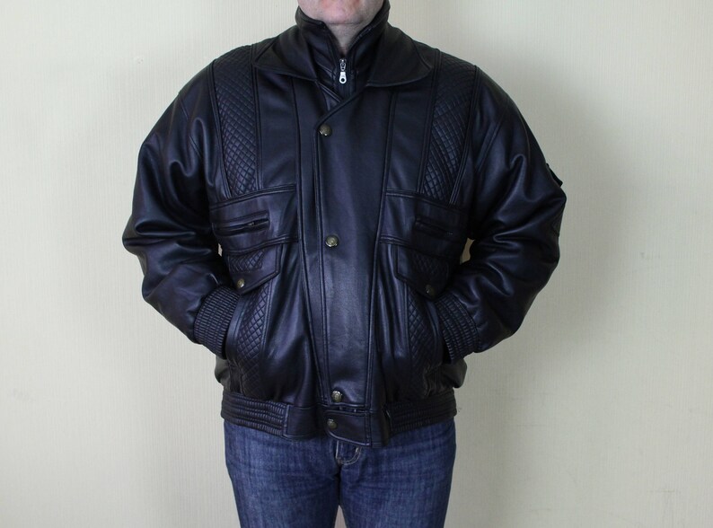 Vintage Black Leather Jacket Men S Faux Vegan Friendly Er Biker Rocker Padded Shoulder L Size