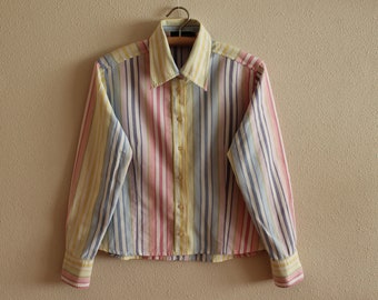 Women's Shirt Vintage Womens Shirt White Blue Red Yellow Striped Shirt Cotton Womens Shirt Long Sleeve Shirt