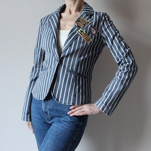 Denim Blazer Striped Denim Jacket Women&#39;s Jean Jacket Y2K Denim Blazer Womens Denim Jacket Fitted Jacket with Applique