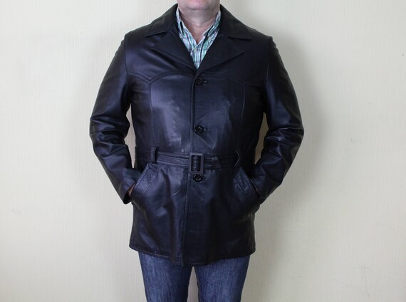 Mens Leather Jacket Black Leather Military Coat Be