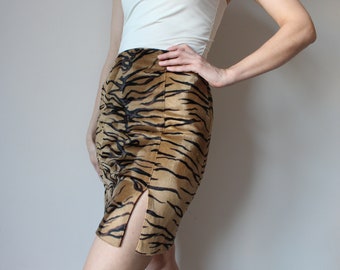 Tiger Print Skirt Faux Fur Skirt Vintage 90s Skirt Animal Print Skirt High Waisted Skirt Fitted Skirt Pencil Skirt Mini Skirt Split Skirt