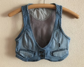 Blue Denim Vest Crop Denim Vest Vintage Women Denim Vest Light Blue Jeans Vest Cropped Denim Waistcoat Metal Buttons Jeans Vest XS Size