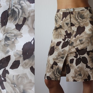 Brown Beige Skirt Floral Print Skirt Straight Skirt Pencil Skirt Fitted Midi Skirt Split Skirt Knee Length Skirt Strechy Denim Skirt Unlined