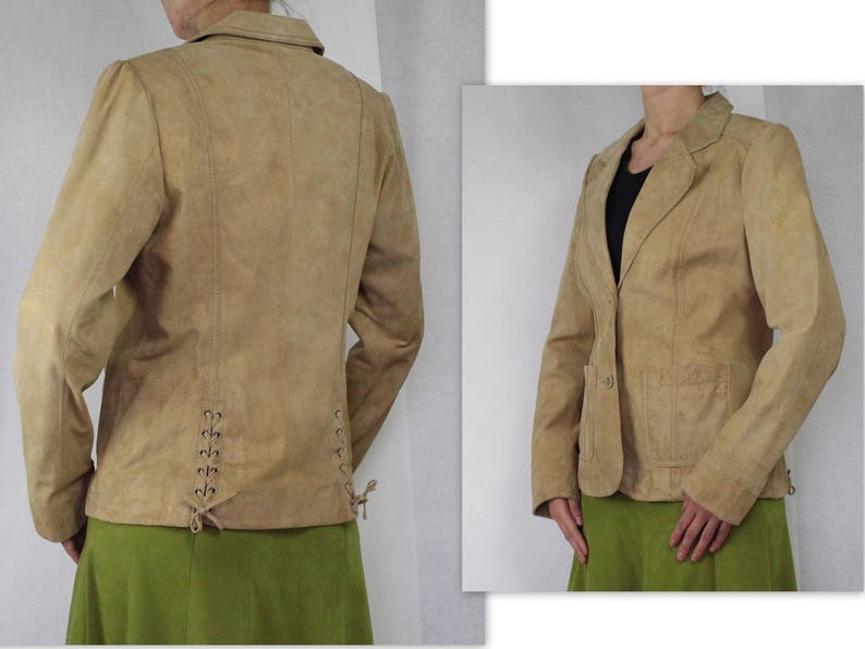 Beige Suede Leather Blazer with Golden Shine Vintage Suede Leather Jacket Women/'s Suede Leather Coat Fitted Hippie Boho Large Size