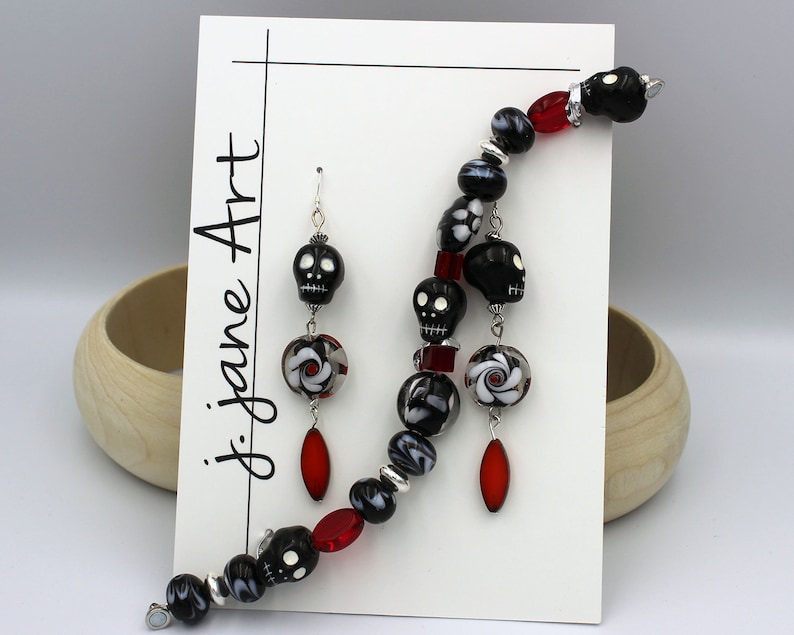 Fun black skull beaded bracelet and earrings set