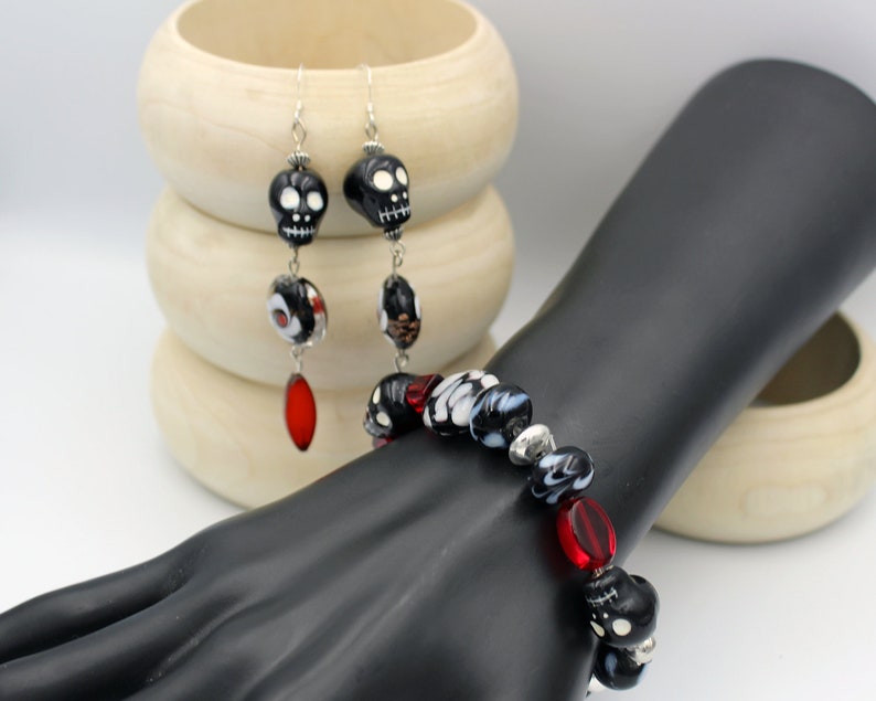 Fun black skull beaded bracelet and earrings set
