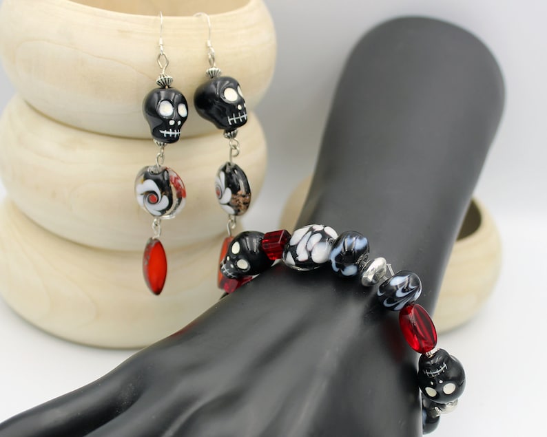 Fun black skull beaded bracelet and earrings set
