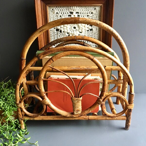 Vintage Rattan Bentwood Magazine Basket / Magazine Rack / Storage Basket - Vintage Bohemian Decor
