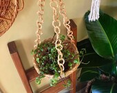 Vintage Bohemian Woven Wicker Hanging Planter Basket - Features Unique Cutout Design and Connected Hanging Rings as Rope