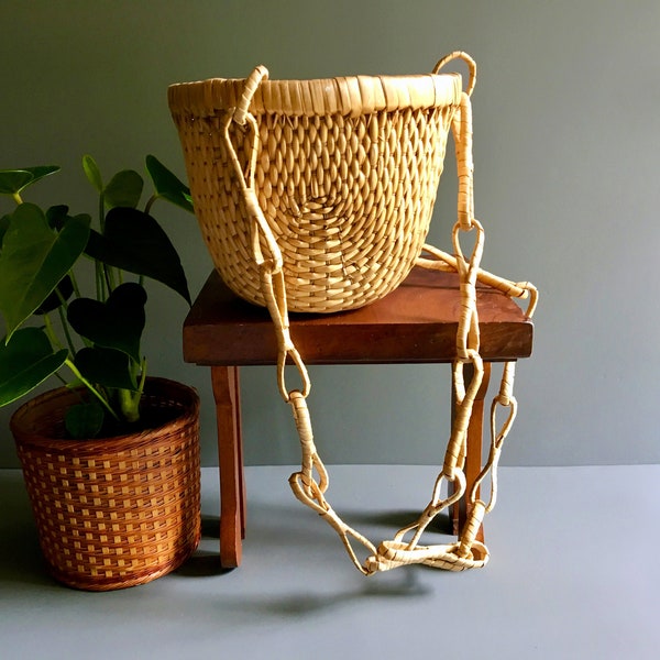 Vintage Boho UNIQUE Woven Rattan Hanging Basket Planter / Hanging Planter / Indoor Planter - w/ Woven Chain-link Rope & Sturdy Construction