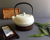 Vintage Mid Century Japanese Cast Iron Teapot Kettle Tetsubin - w Textured Design, Enamel Interior, and Pronounced Top Handle, Signed