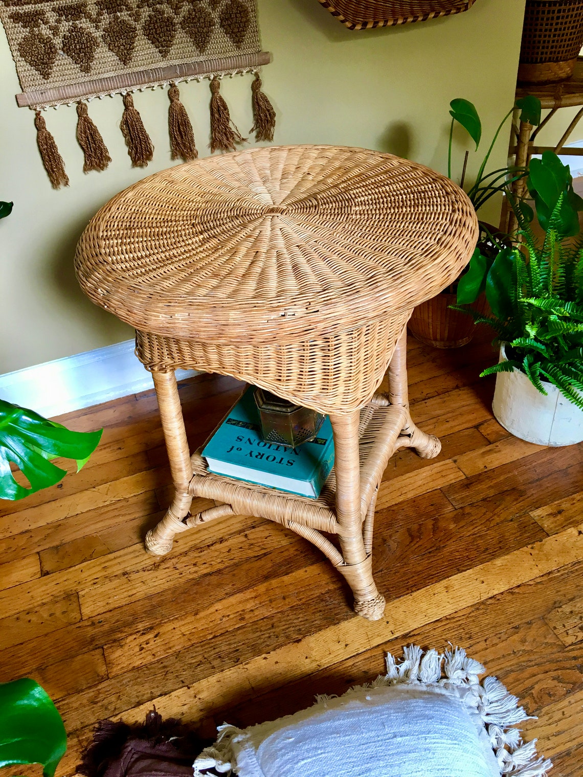 Vintage Boho Round Two Tier Wicker Rattan Table / Side Table / Etsy